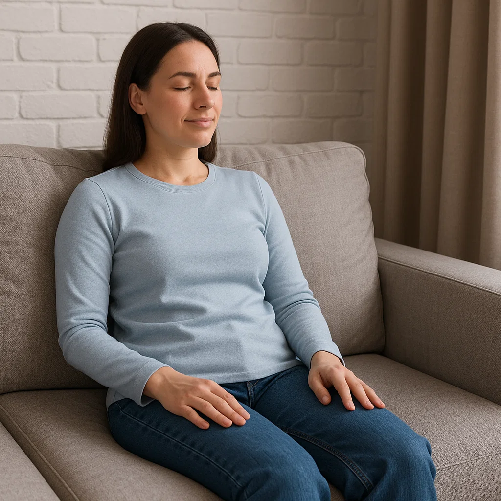 Woman sitting upright on sofa with relaxed posture