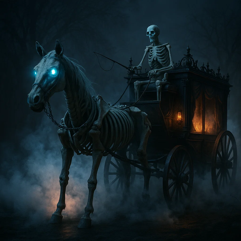 Skeleton riding haunted carriage pulled by glowing-eyed horse.