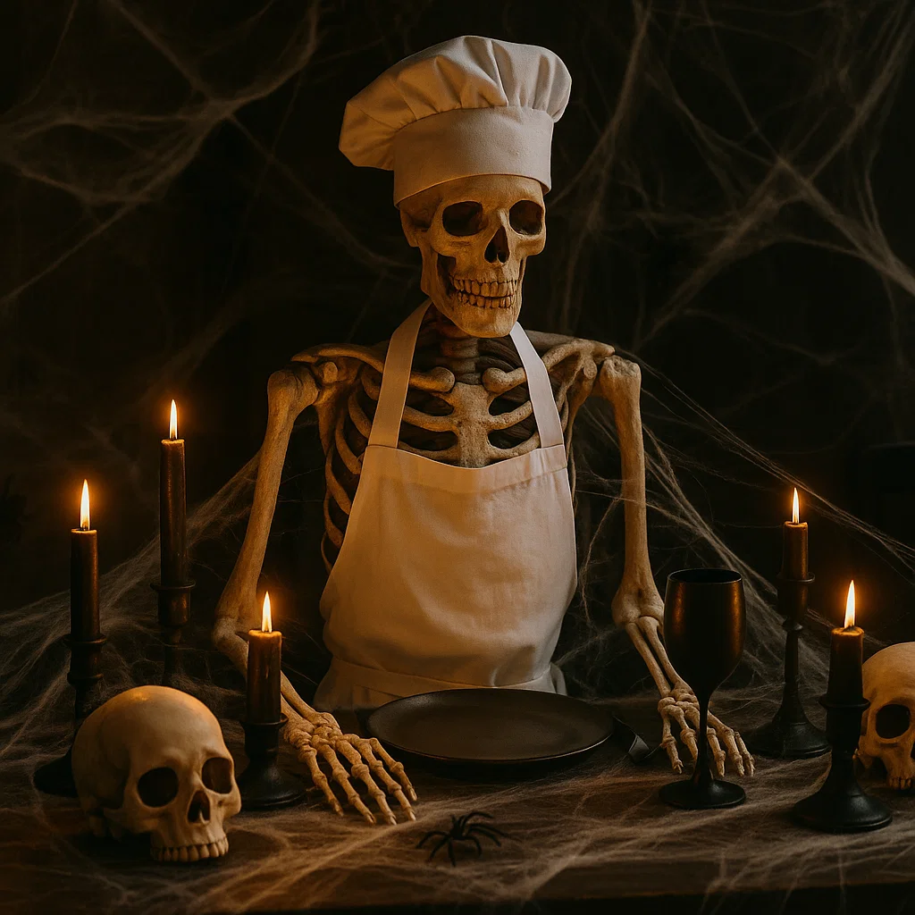 Skeleton chef with candles sitting at spooky dinner table.