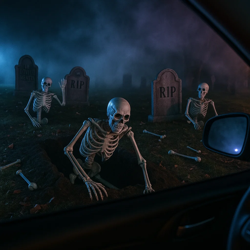 Skeletons rising from graves in foggy graveyard at night.
