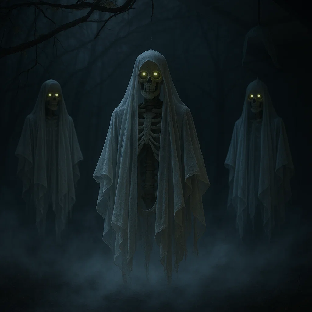 Glowing-eyed skeleton ghosts in white sheets haunting dark forest.
