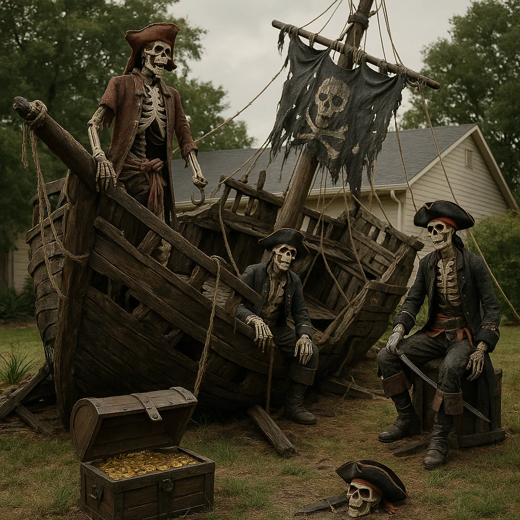 Pirate skeleton crew with treasure chest near shipwreck.
