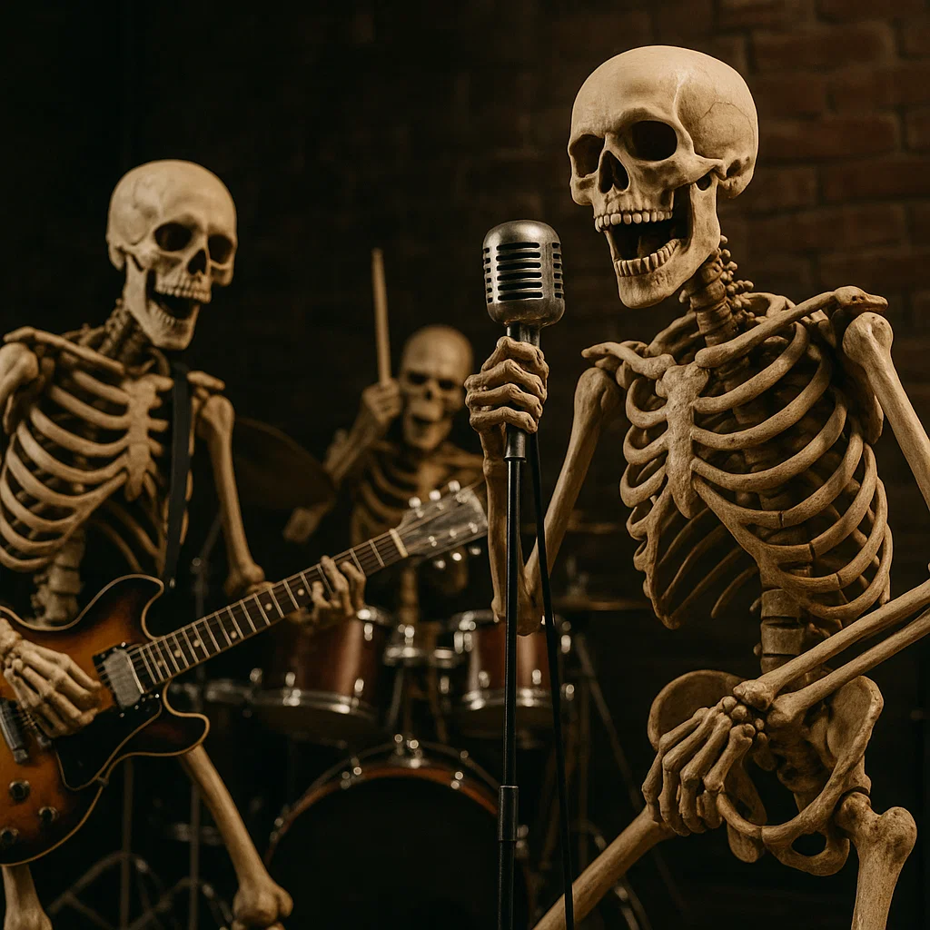 Skeleton band playing guitar, drums, and singing with microphone.