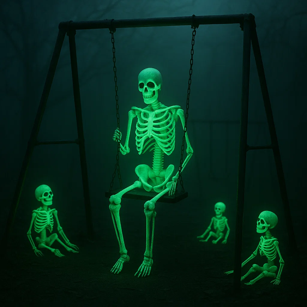 Glowing skeletons sitting and playing on swing in dark forest.