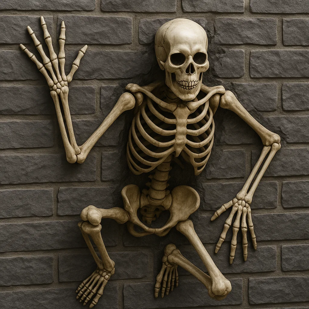 Realistic skeleton decoration posed on brick wall