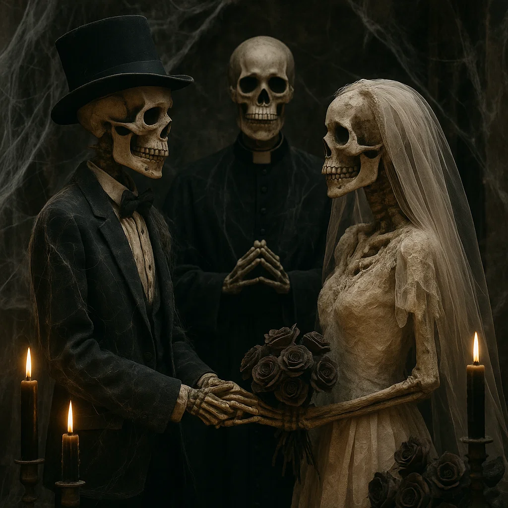 Skeleton bride and groom holding hands in eerie wedding scene.