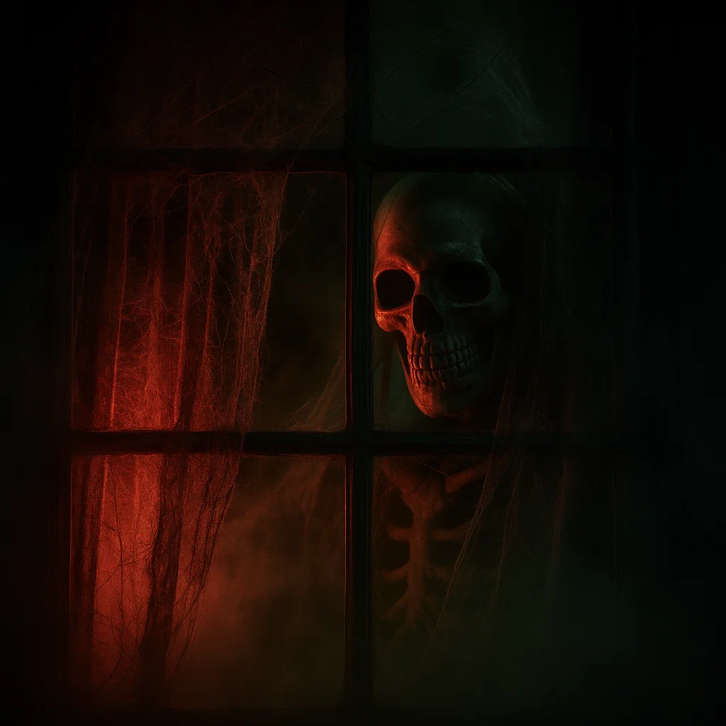 Creepy skeleton face staring through dark window with red glow.