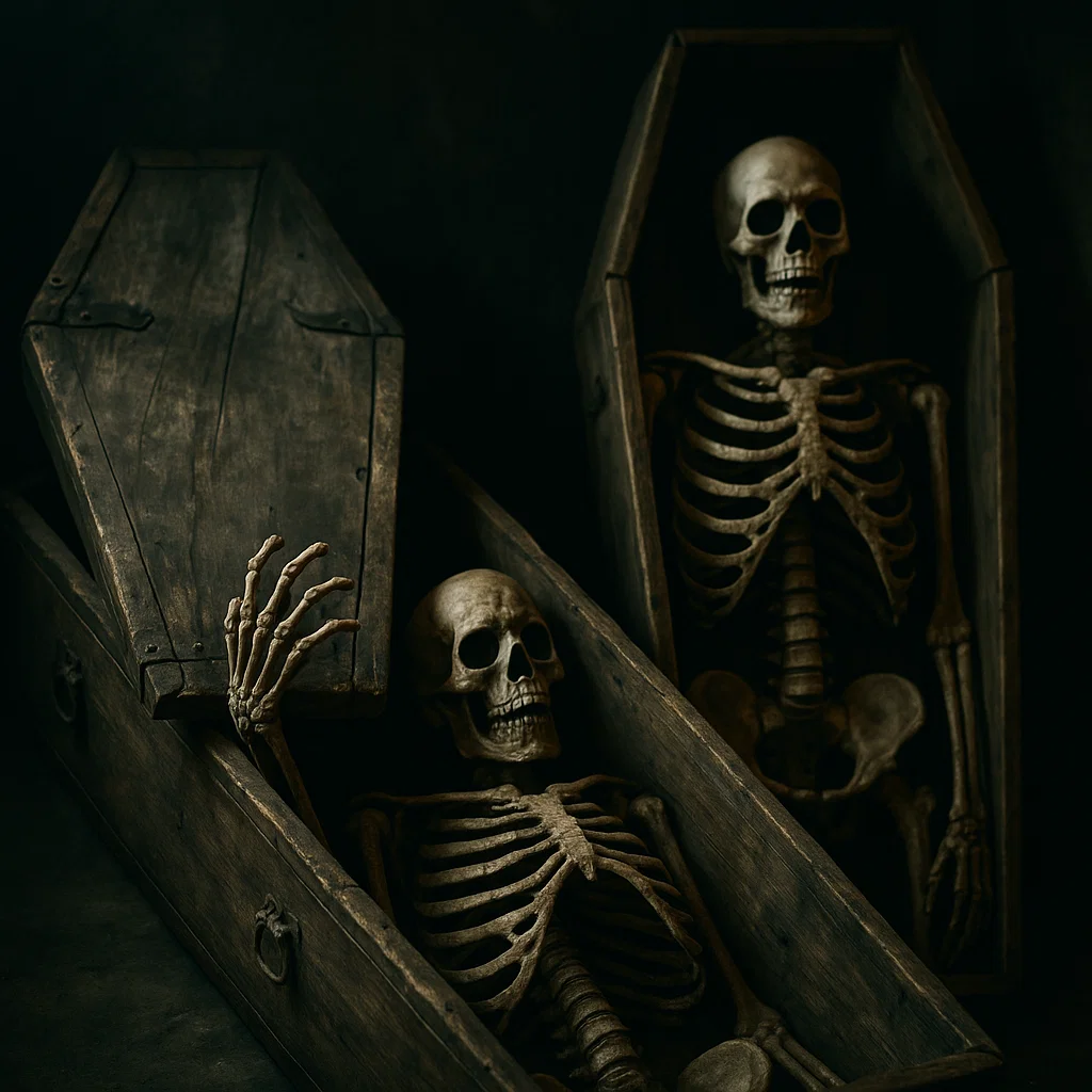 Skeletons lying in wooden coffins, one lifting lid open.