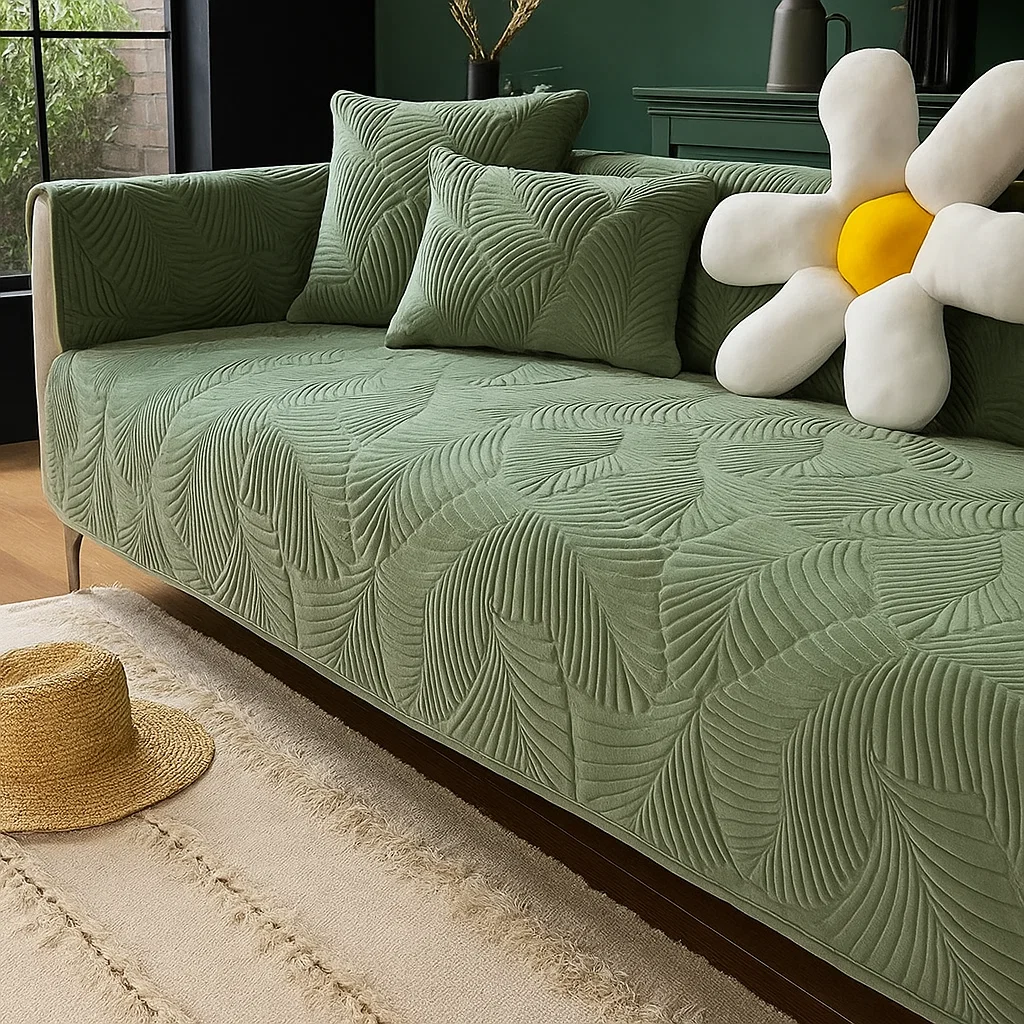 Floral and patterned slipcover sofas with round wooden table