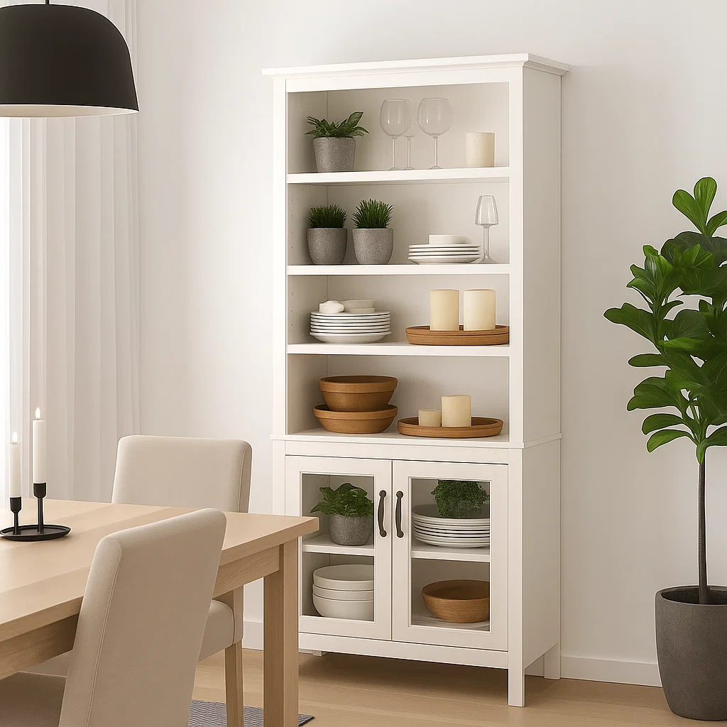Dining room hutch featuring neutral tableware, candles, and decorative small potted plants.
