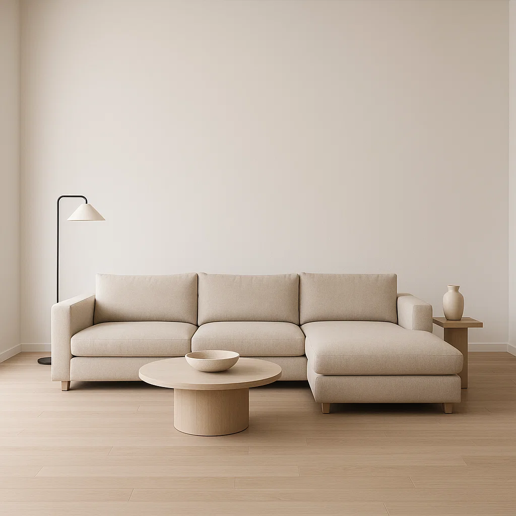 Minimalist beige L-shaped sofa with round wooden coffee table.