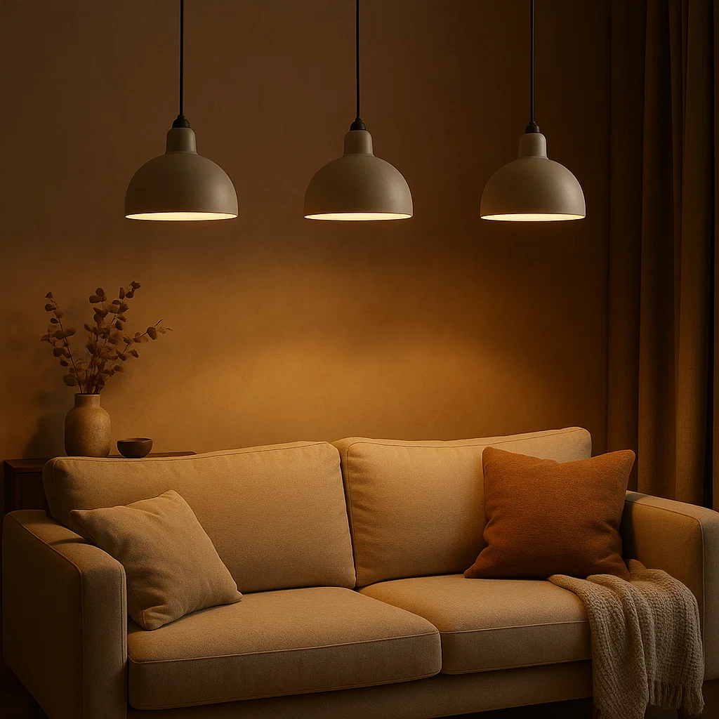 Three pendant lights above beige sofa with warm cushions
