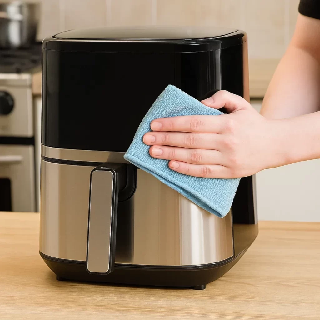 Hand wiping stainless air fryer exterior with blue cloth