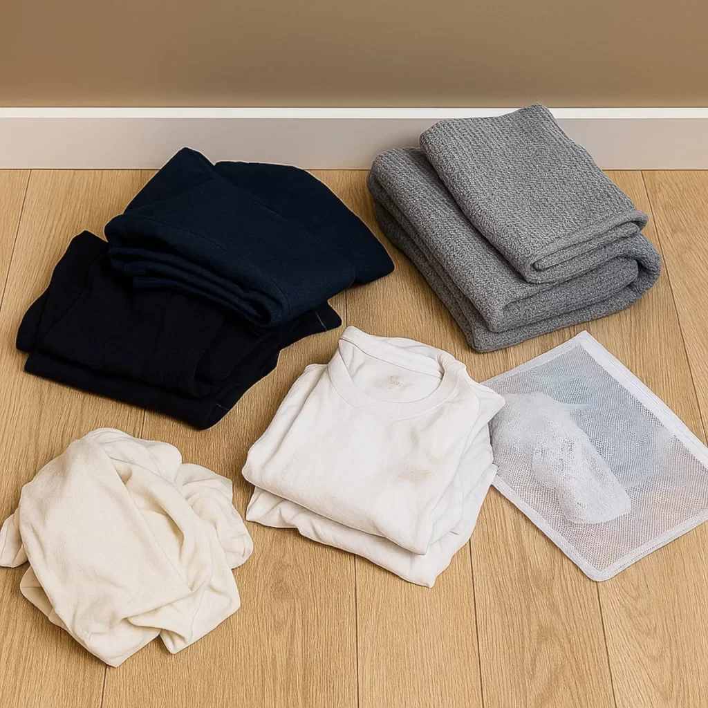 Folded clothes separated by color and fabric type for laundry.