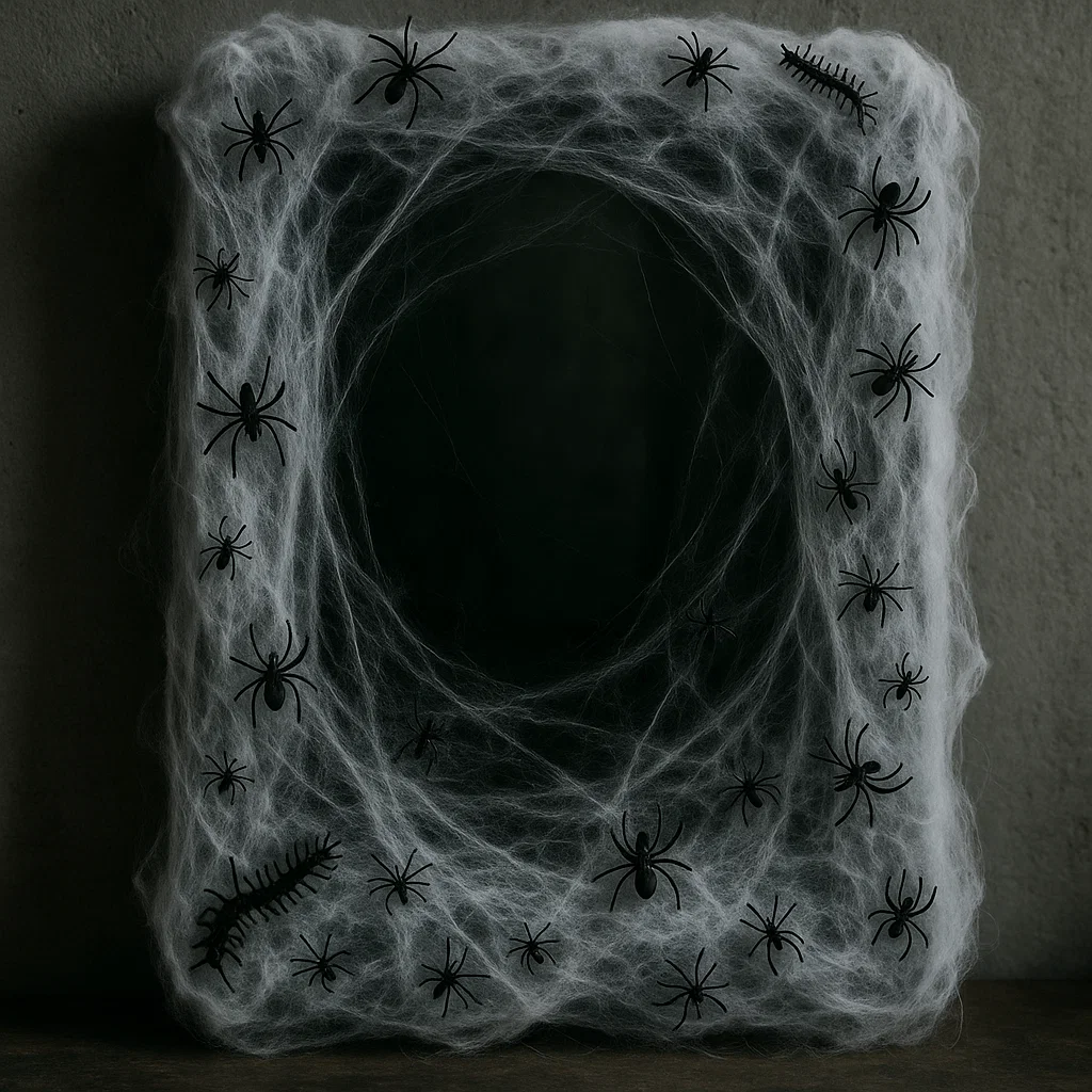 Rectangular mirror covered in spider webs and plastic spiders.
