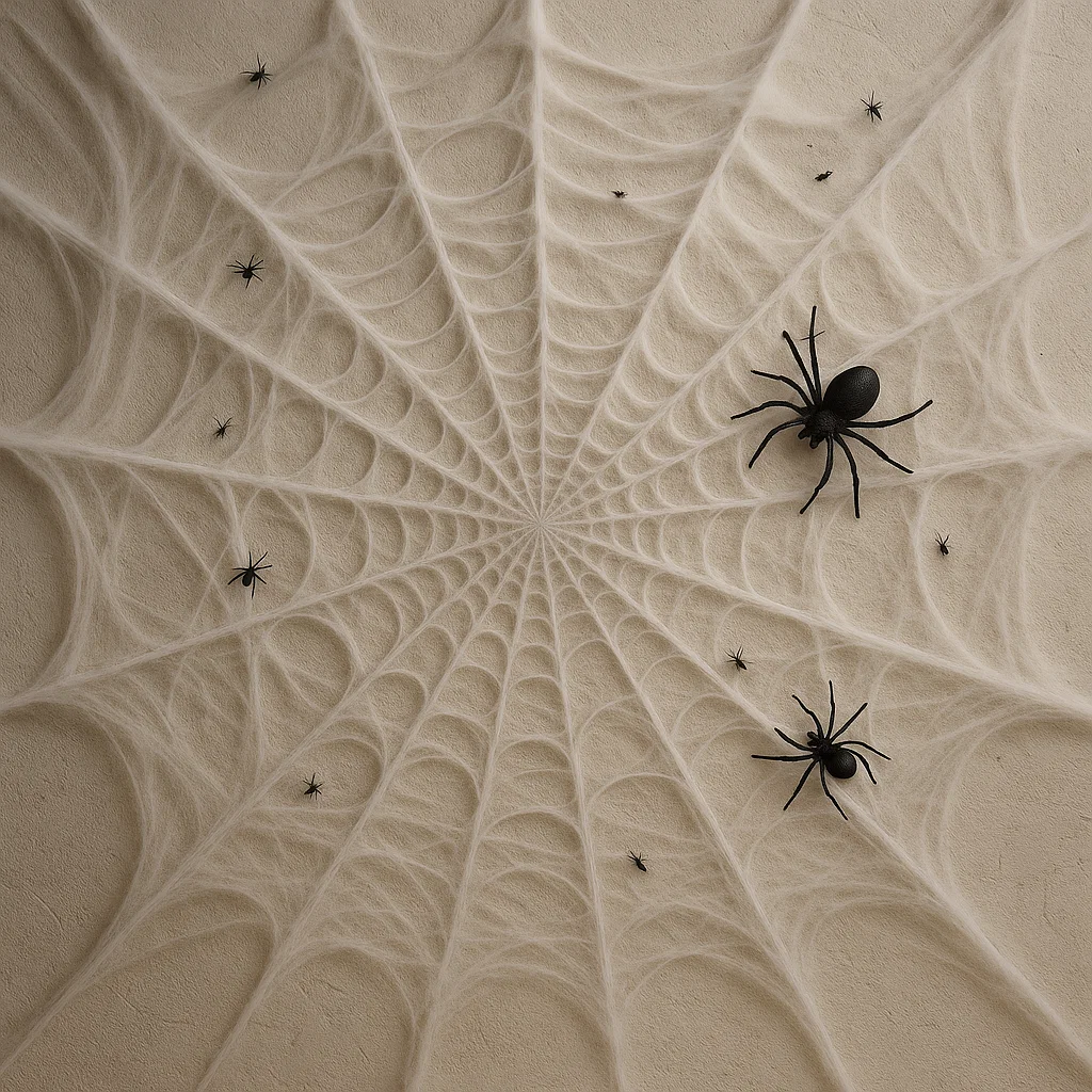 Large artificial spider web with black spiders