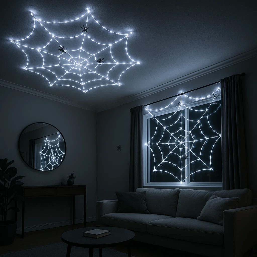 LED spider web lights glowing on ceiling and window.