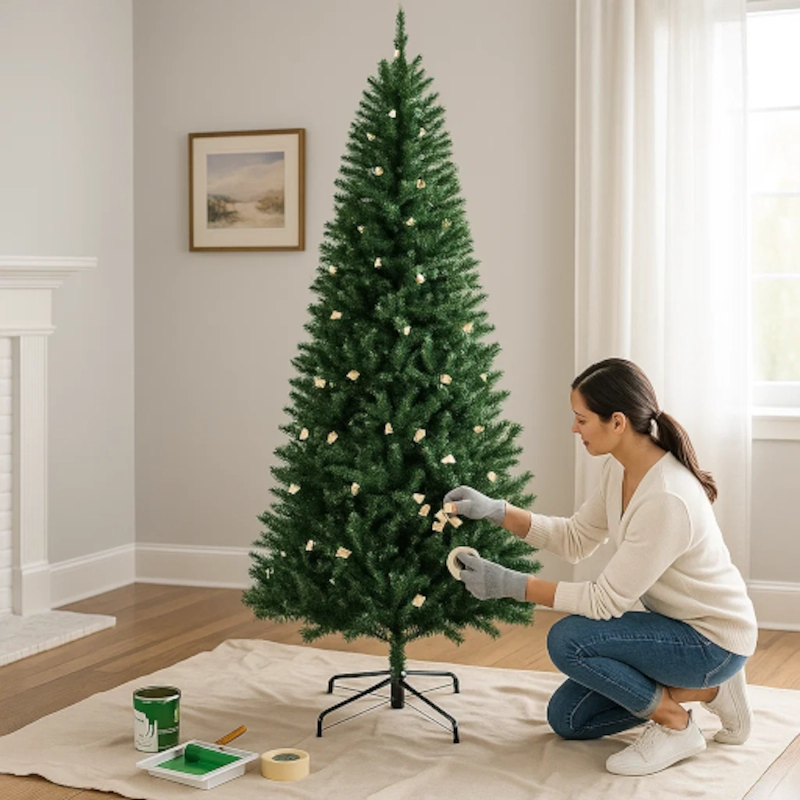 Woman applying tape around green Christmas tree base on cloth sheet.