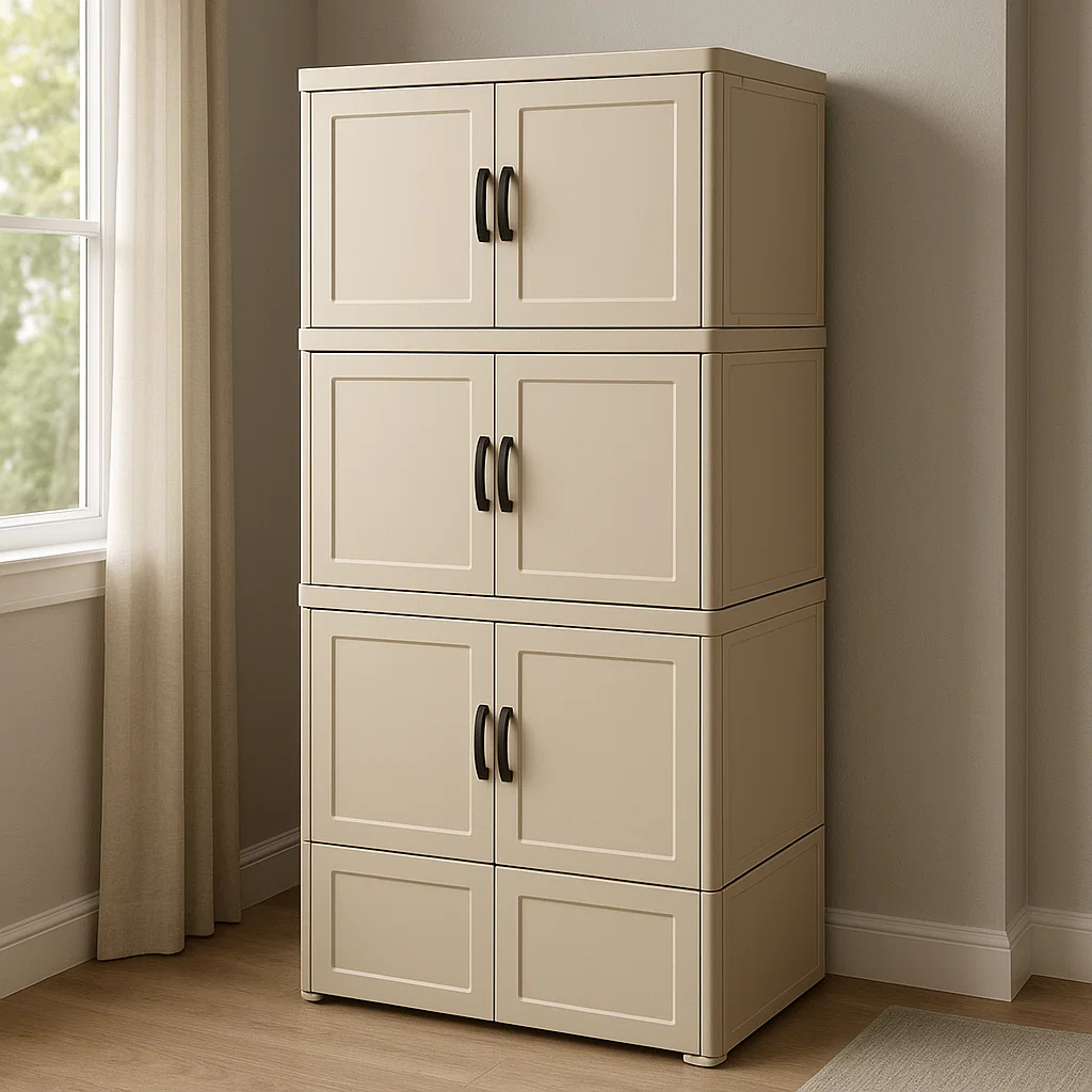 Beige stackable storage cabinet with four closed compartments