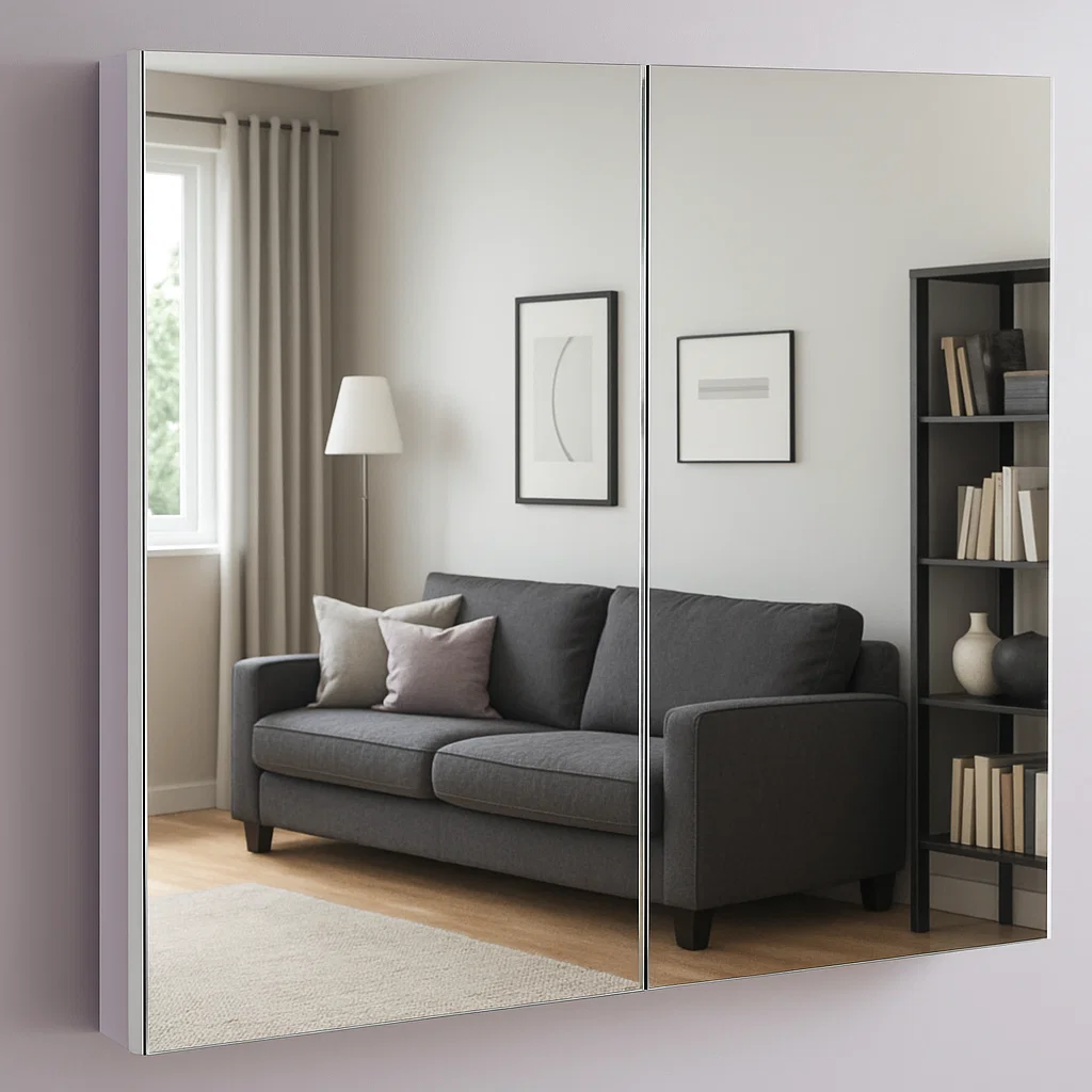 Large mirrored wall cabinet reflecting sofa and bookshelf interior