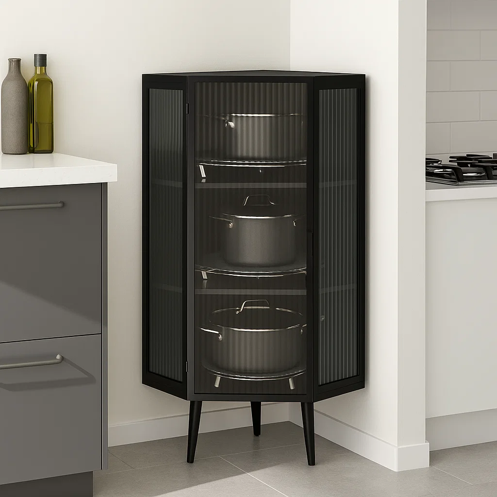 Black corner cabinet with stacked pots and kitchen cookware
