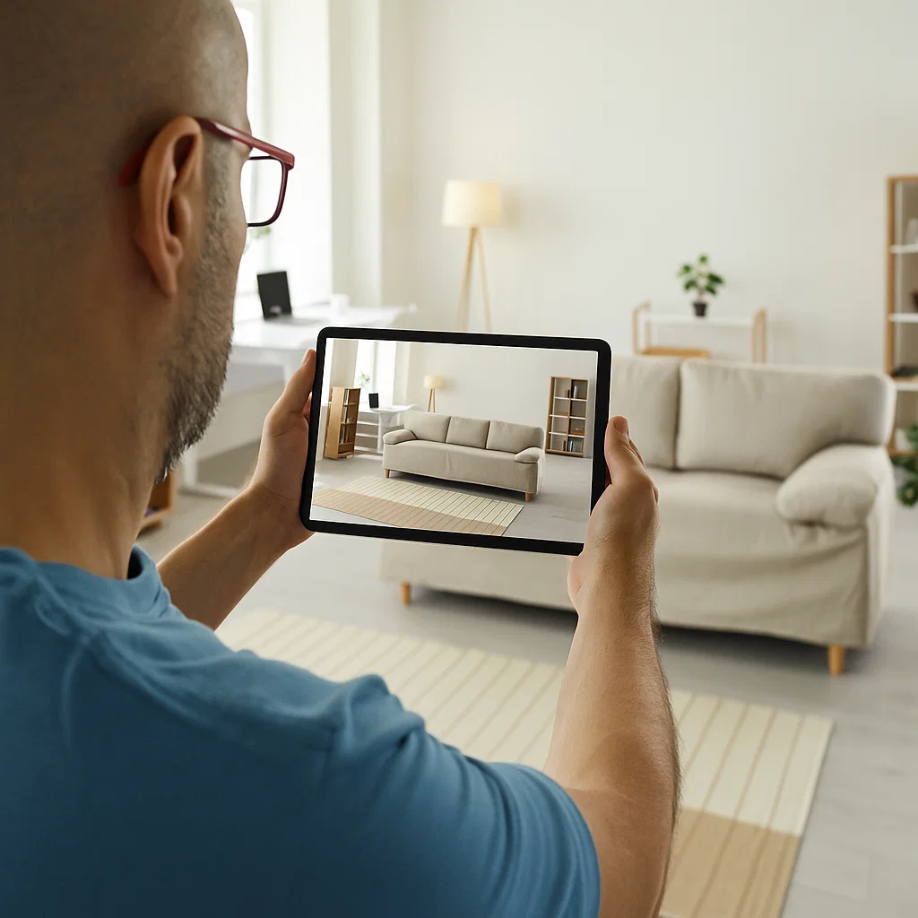 Man taking sofa photo with tablet for online listing.