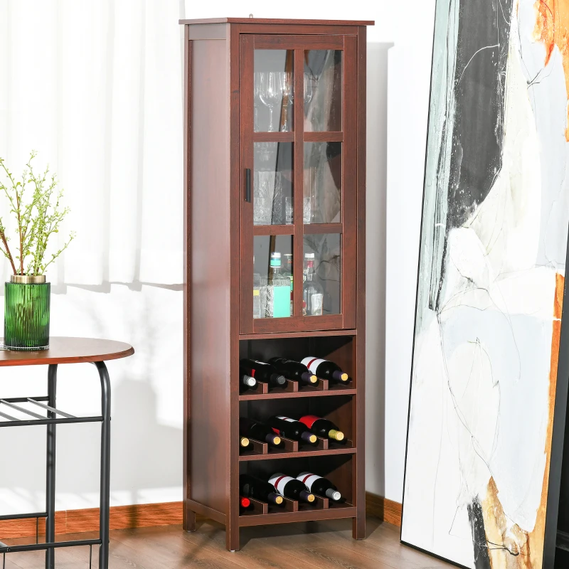 Tall freestanding wooden wine cabinet with glass doors and bottle storage.