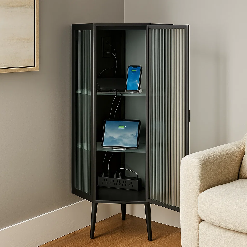 Black corner cabinet used as organized device charging station
