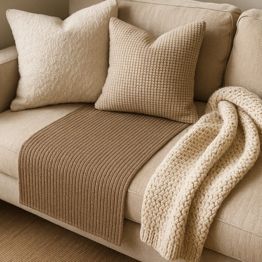 Beige sofa with knitted cushions, ribbed runner, and cozy throw blanket
