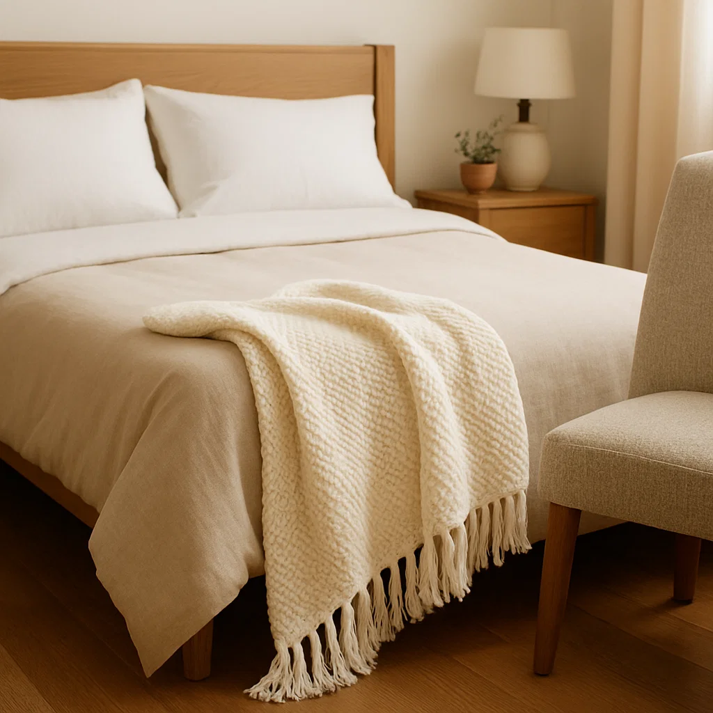Cozy throw blanket draped on bed or chair, complementing main blanket for comfort.
