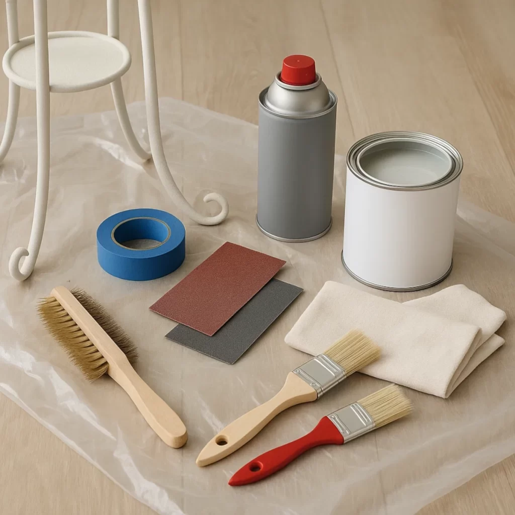Painting tools and supplies including brushes, sandpaper, and paint cans.