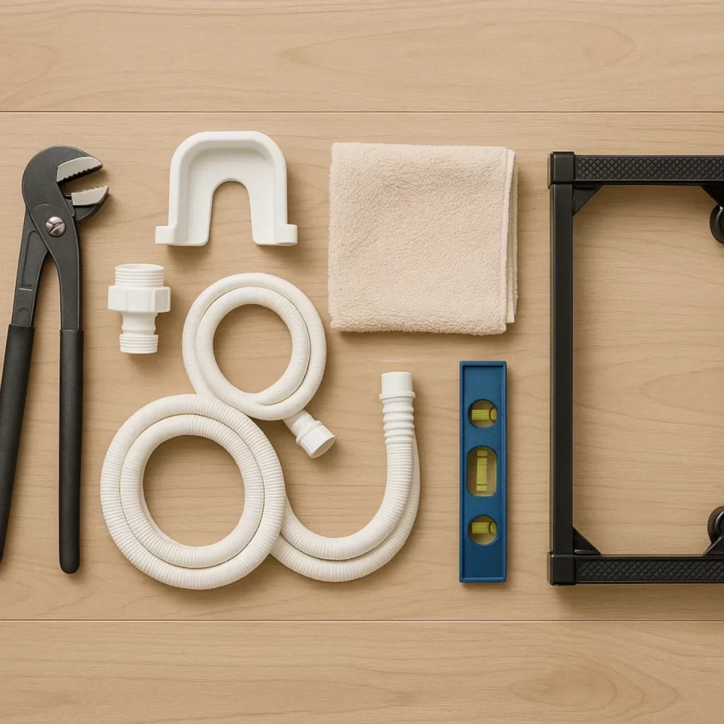 Set of tools, hoses, and accessories required to install a portable washing machine.