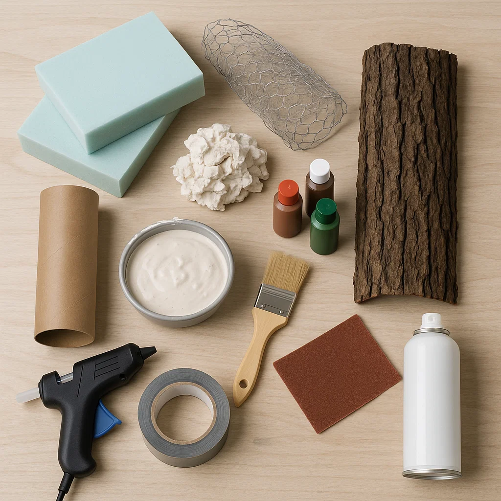 DIY tools, foam, bark, glue gun, and paints.