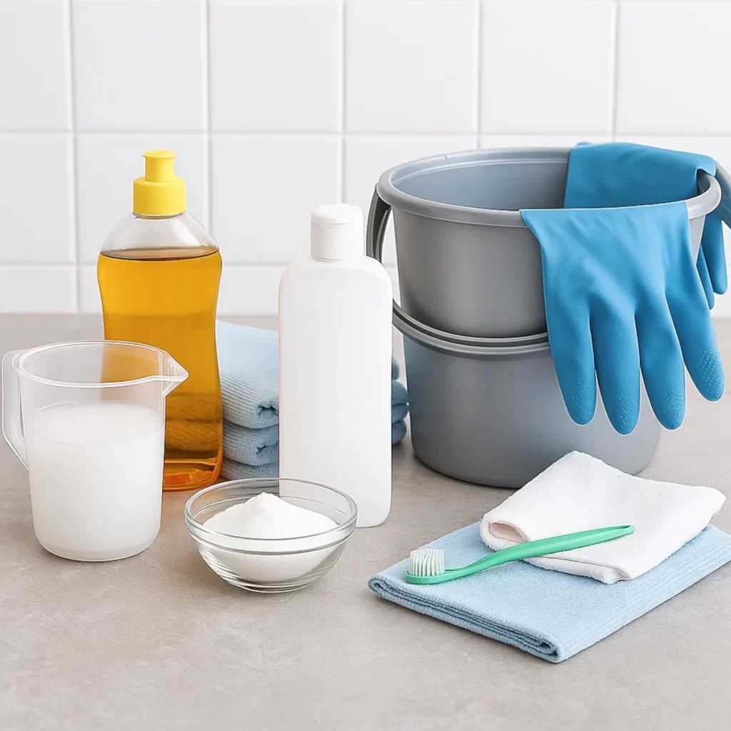 Cleaning tools like detergent, gloves, and microfiber cloth