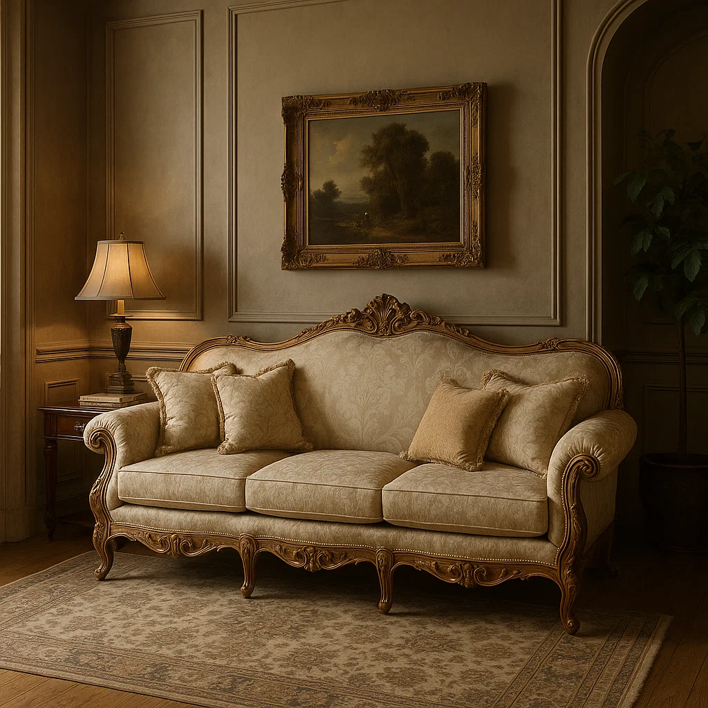 Ornate traditional sofa with carved wooden frame in classic interior.