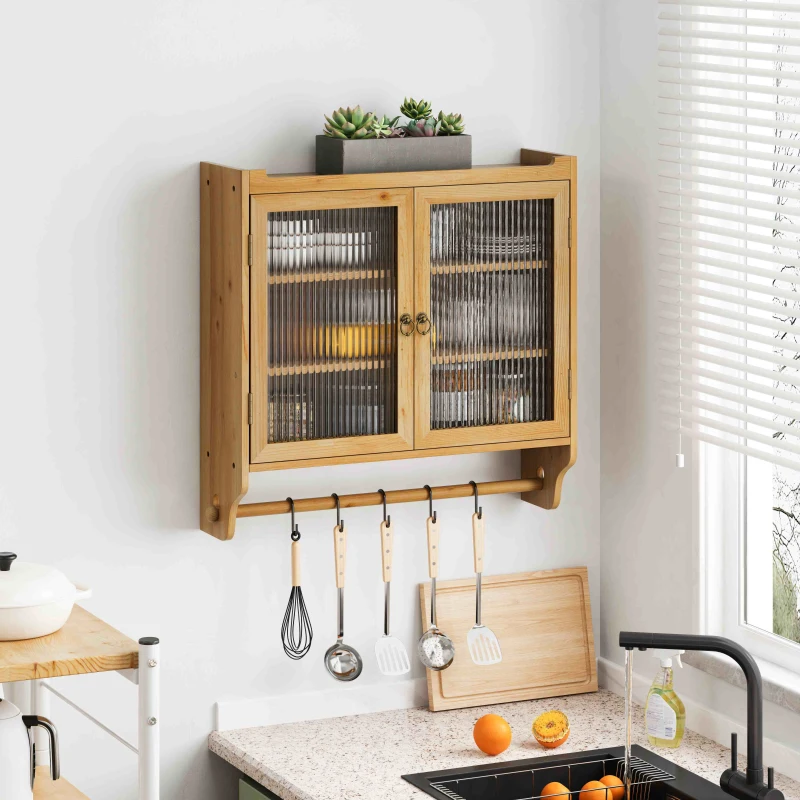 Wooden wall cabinet with ribbed glass doors and hanging utensils