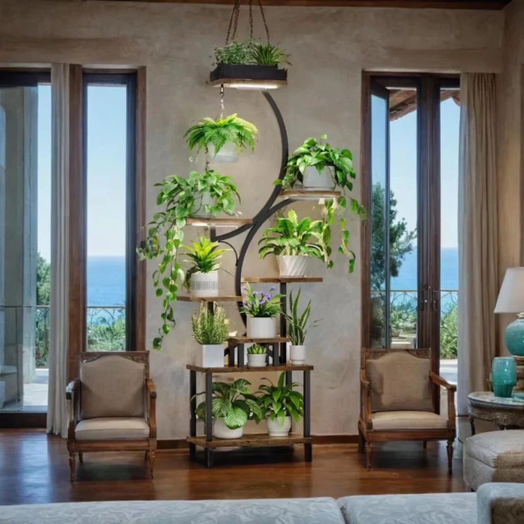 Indoor plant shelf with multiple potted plants near window