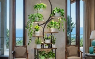 Indoor plant shelf with multiple potted plants near window
