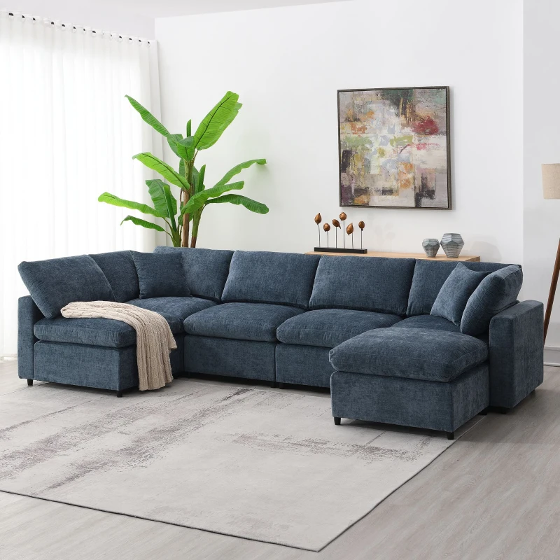 Blue fabric sectional sofa with chaise in bright living room