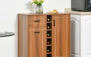 Wooden wine cabinet with side storage and vertical bottle slots.