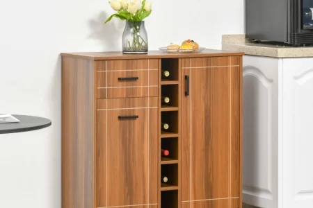 Wooden wine cabinet with side storage and vertical bottle slots.