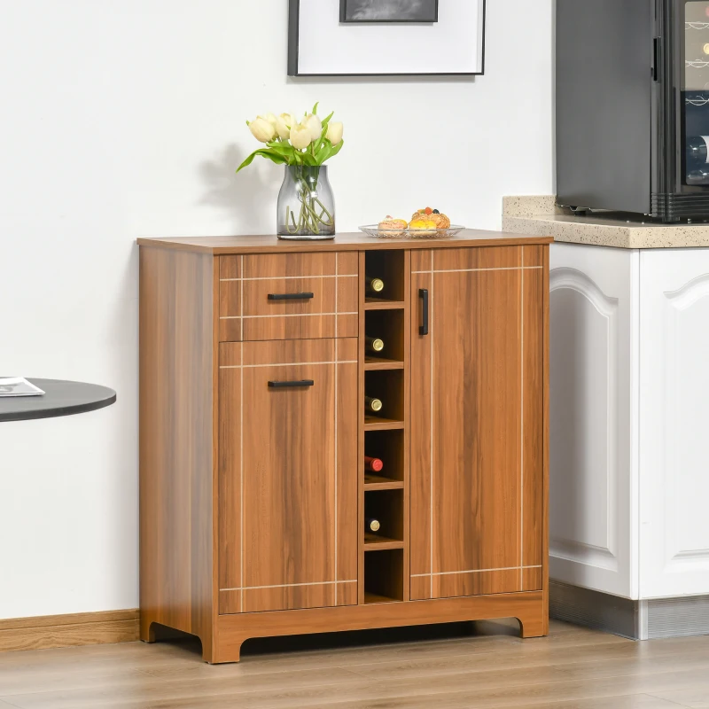 Wooden wine cabinet with side storage and vertical bottle slots.