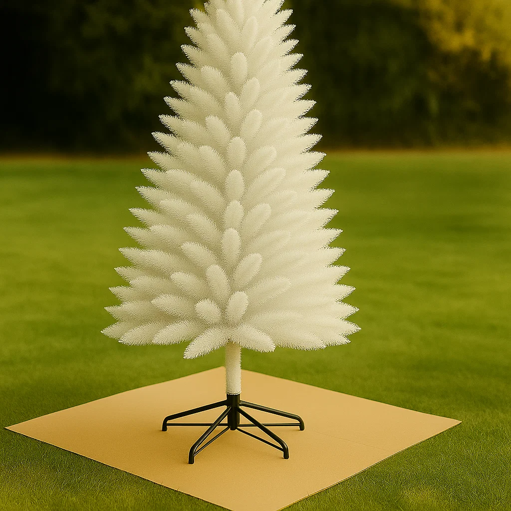 Painted artificial Christmas tree with uncovered base drying outdoors.