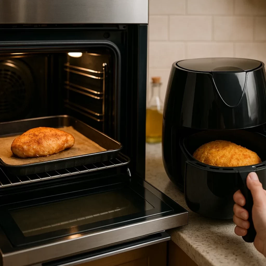 Breaded chicken breast on oven tray beside air fryer basket holding similar golden crispy chicken.