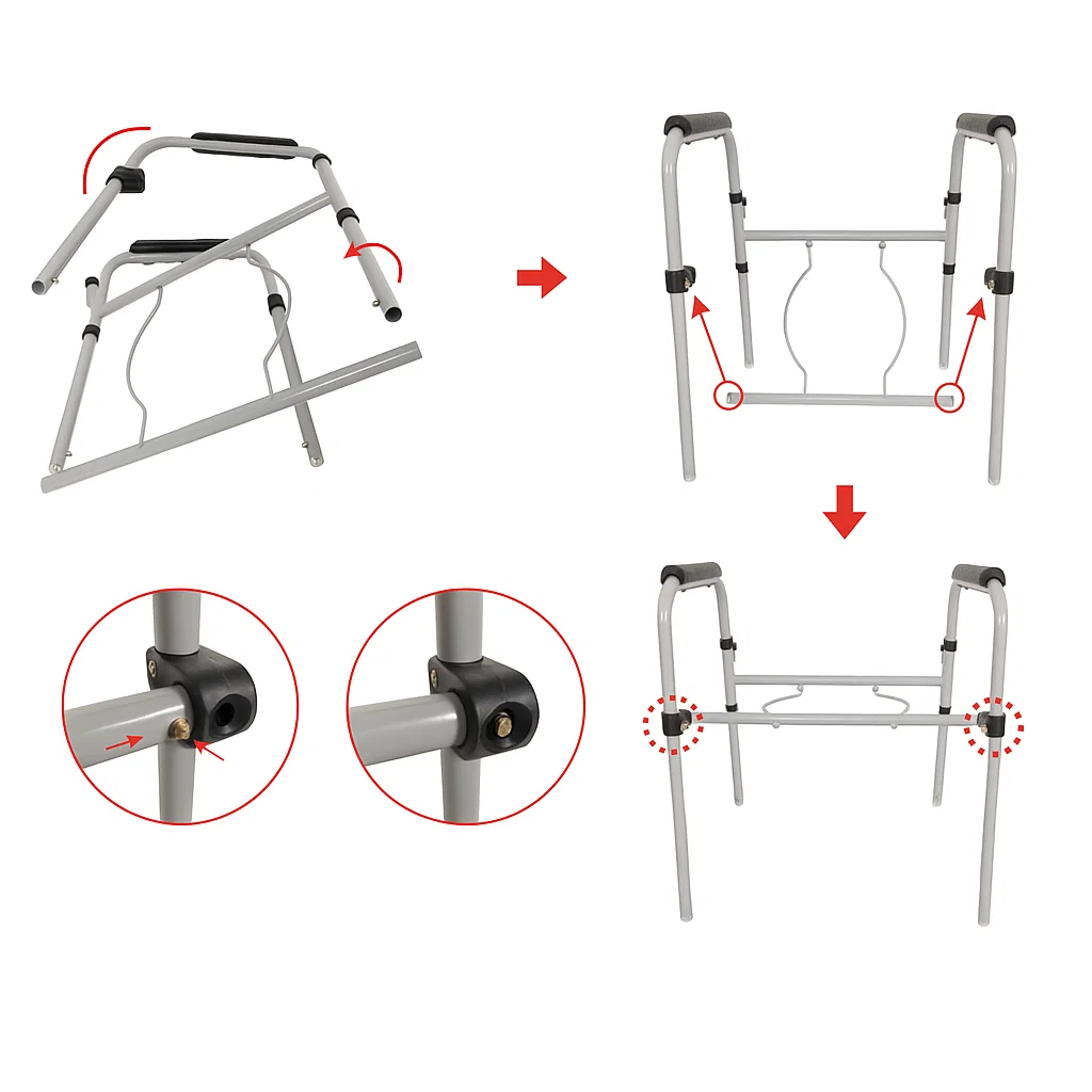 Folding gray metal frame assembly with black padded handles.