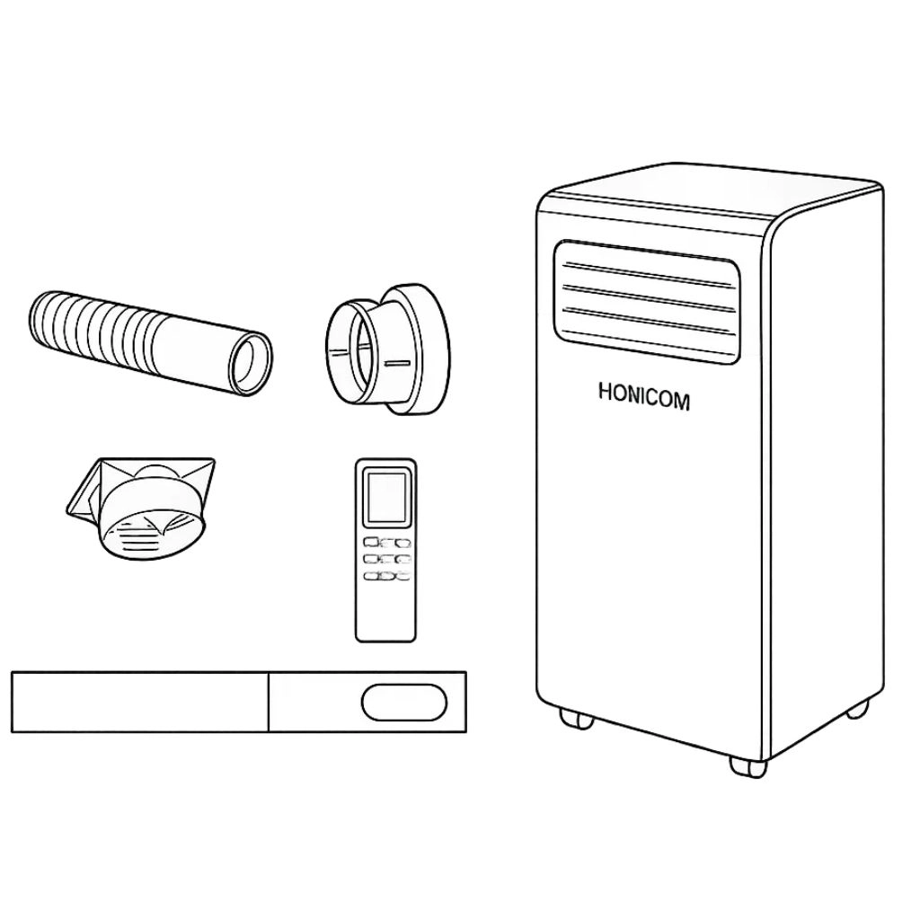 Accessories displayed including hose, adapter, remote, and panels