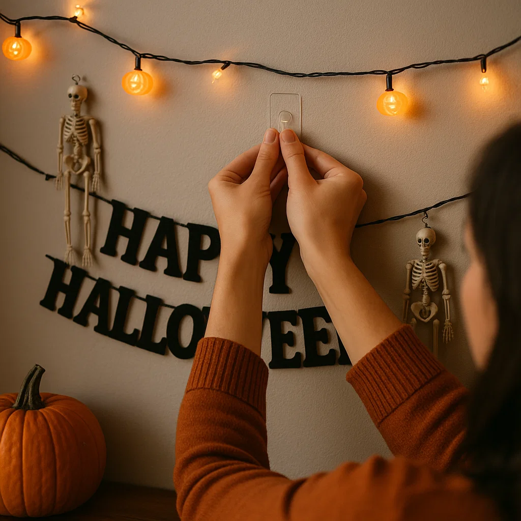 Hands applying adhesive hook on wall to hang Halloween decorations without damage.
