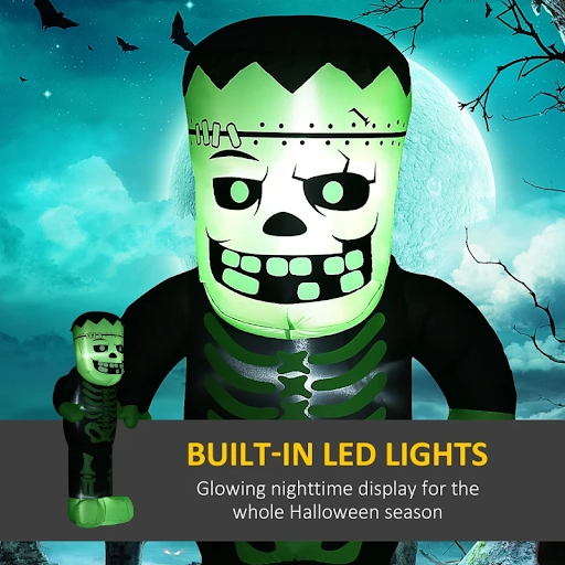 Inflatable Frankenstein Halloween decoration glowing at night with built-in LED lights.