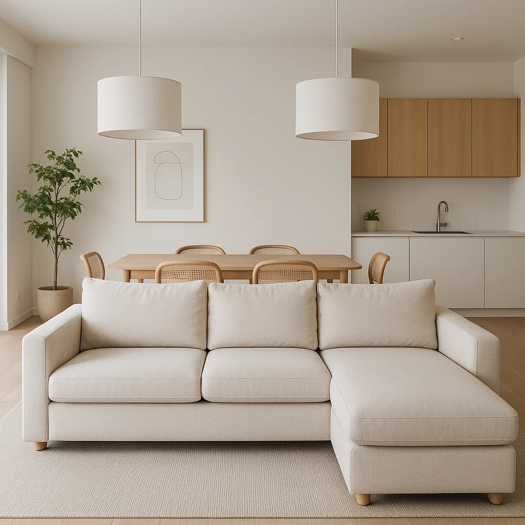 Beige sectional sofa placed in open living and dining space.