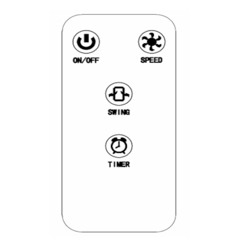 Tower fan remote showing power, speed, swing, and timer buttons